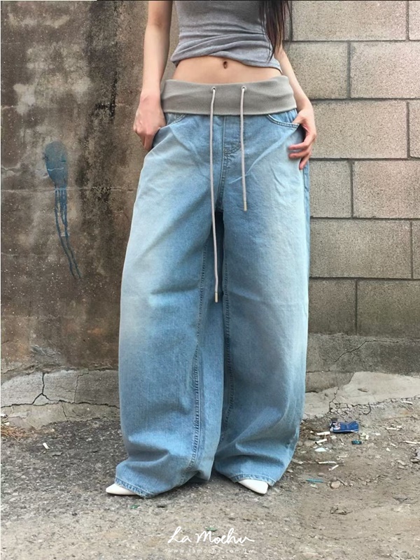 腰頭拼接反摺抽繩牛仔褲